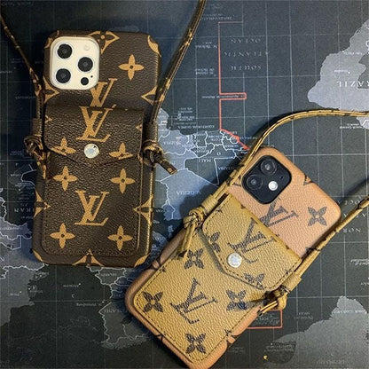 FASHION LOUIS VUITTON LEATHER DESIGN IPHONE CASE WITH CARD BAG AND STRAP
