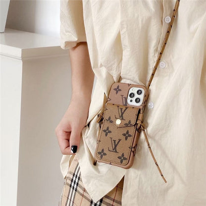 FASHION LOUIS VUITTON LEATHER DESIGN IPHONE CASE WITH CARD BAG AND STRAP
