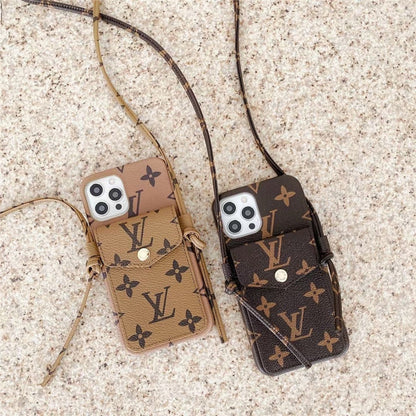 FASHION LOUIS VUITTON LEATHER DESIGN IPHONE CASE WITH CARD BAG AND STRAP